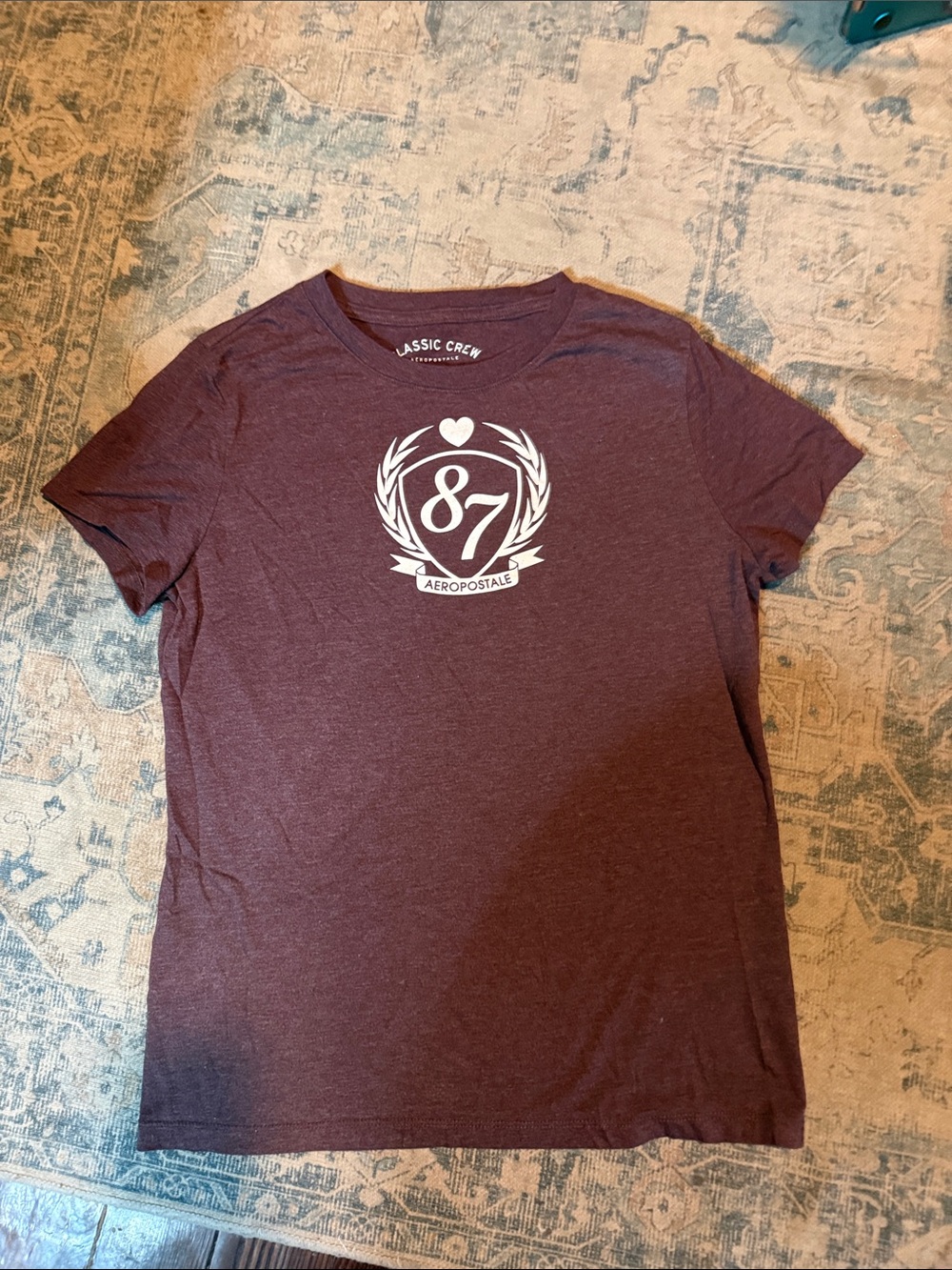 Aeropostale Women's Maroon Short-Sleeve Crewneck Tee with White 87 Crest